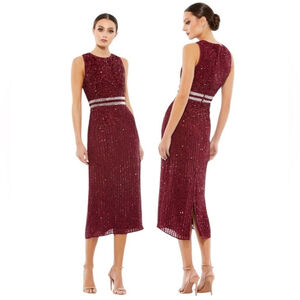 Mac Duggal Burgundy Sleeveless High Neck Beaded Midi Sheath Dress MOTB Size 6